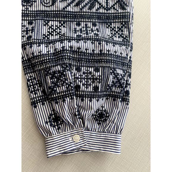 Soft Surroundings Sz L Embroidered Top Blue Striped Cruise Coastal Boho Casual - Picture 13 of 15